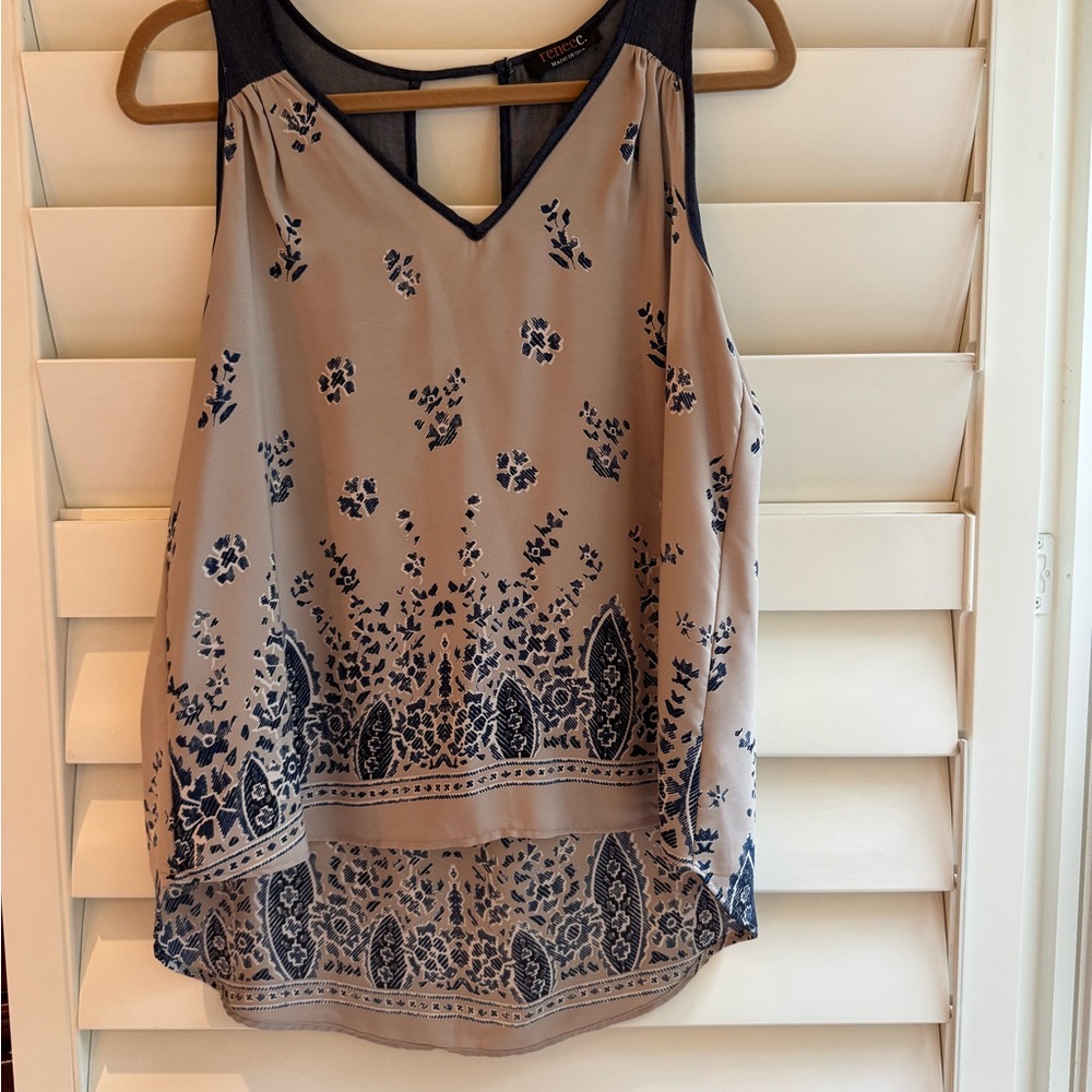 Renee C. Navy and Beige Patterned Tank Top